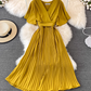 2025 new V-neck short-sleeved dress slim fit temperament waist tie big swing pleated long skirt R0345