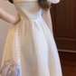 Beautiful dress French square neck puff sleeve dress temperament waist A-line dress R0643