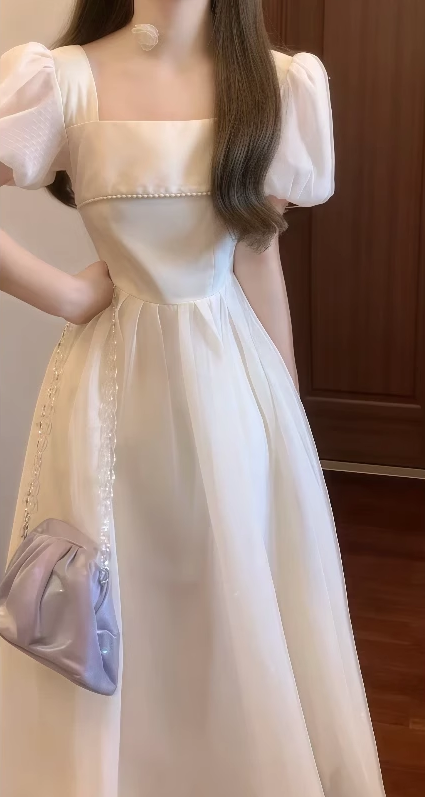 Beautiful dress French square neck puff sleeve dress temperament waist A-line dress R0643