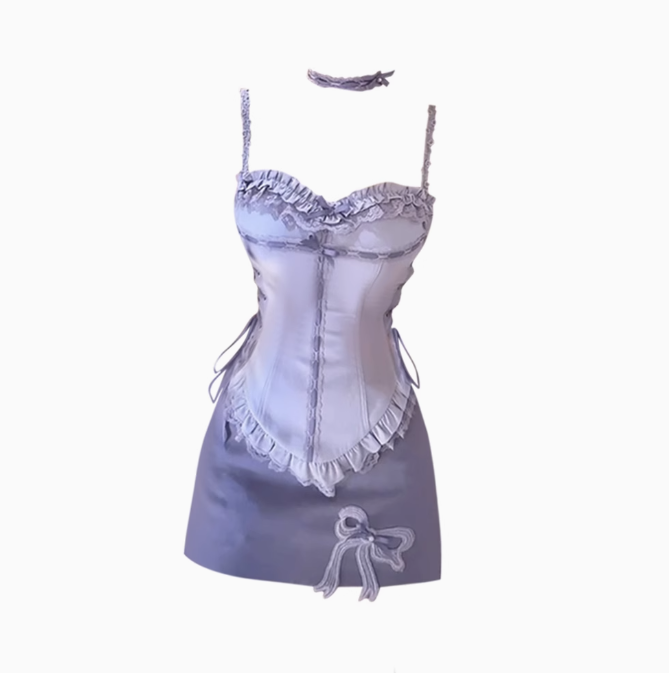 Sweet hot girl lace lace waist top 2025 bow skirt suit R1320