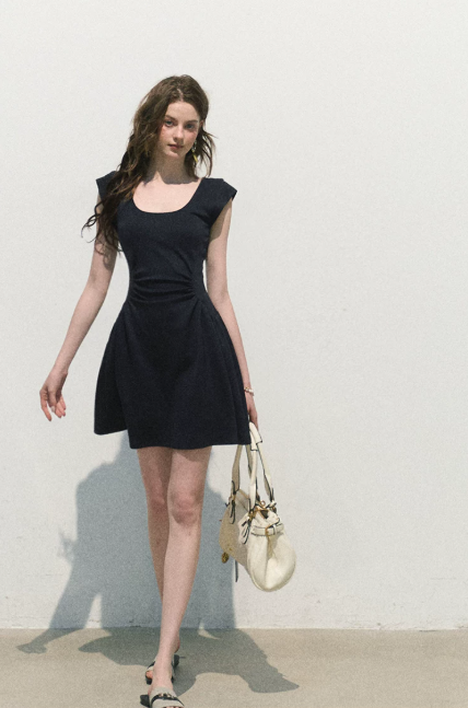 French Style Dark Blue Bodycon Dress High Waist Slim Fit Casual Party Dress R9356