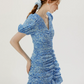 Blue Floral Print Bodycon Mini Dress Women With Ruched Front And Puff Sleeves R9482