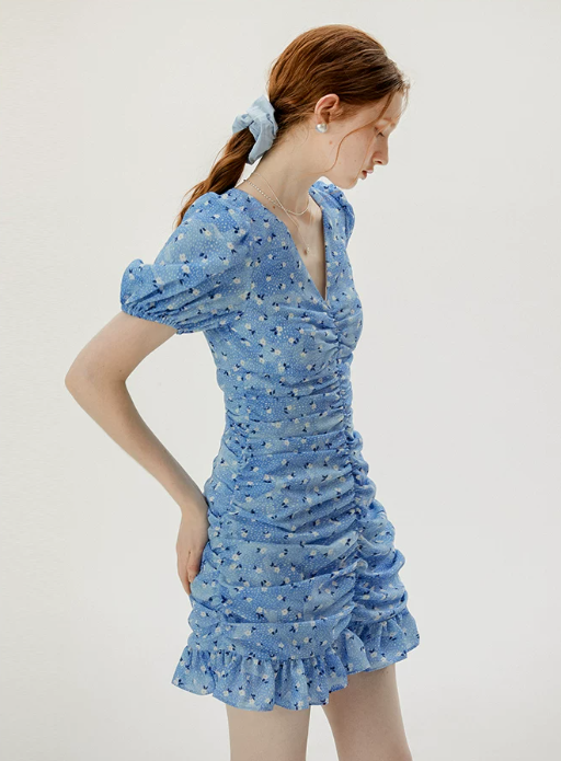 Blue Floral Print Bodycon Mini Dress Women With Ruched Front And Puff Sleeves R9482