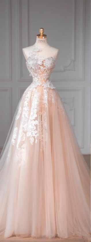 Pink Lace Sleeveless Fitted-Waist Slim-Fit A-Line Long Gown, Prom Dress Bridal Gown R5888