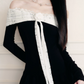 Black And White Off The Shoulder Mini Dress With Lace Trim And Bow Detail R9448