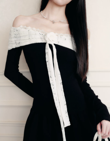 Black And White Off The Shoulder Mini Dress With Lace Trim And Bow Detail R9448