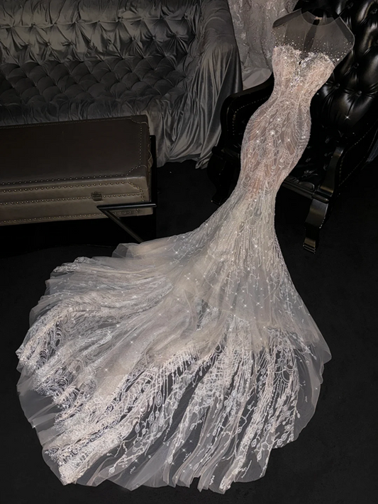 Light pink round neck, fitted waist, bodycon long elegant ball gown, bridal dress R8763