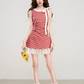 2026 Summer New Red Gingham Dress With Bow Neck And Chiffon Underlayer R9401