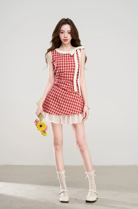 2026 Summer New Red Gingham Dress With Bow Neck And Chiffon Underlayer R9401