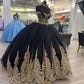 Black Gold Appliques Tulle Quinceanera Dresses With Cape Spaghetti Straps Ball Gown Sweet Sixteen Prom Party Dresses       S7165