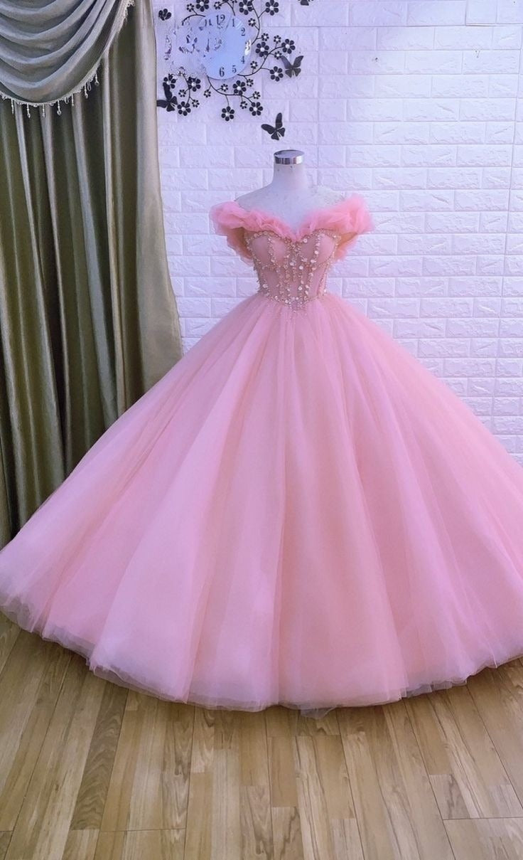 Long Ball Gown Prom Dress, Quinceanera Dresses, Pink Lace Appliques Dress   S1839