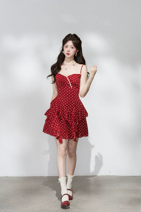 Retro Red Polka Dot Tiered Mini Dress, Women's Cami Strap with Lace Trim Chiffon Dress R9331