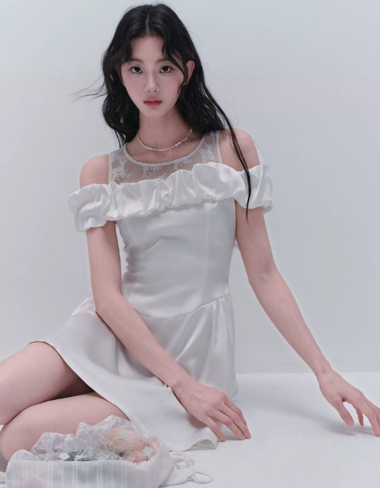 Women French Romantic Style Dress With Sheer Lace Top And Satin Flared Skirt R9415