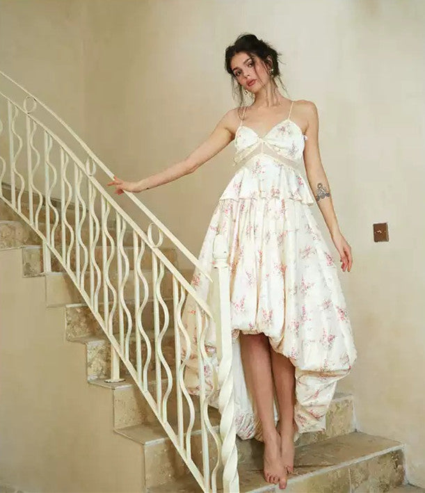 Cream Floral Cami Dress with Sheer Mesh Waist, High-Low Puff Skirt & Back Zipper R9184