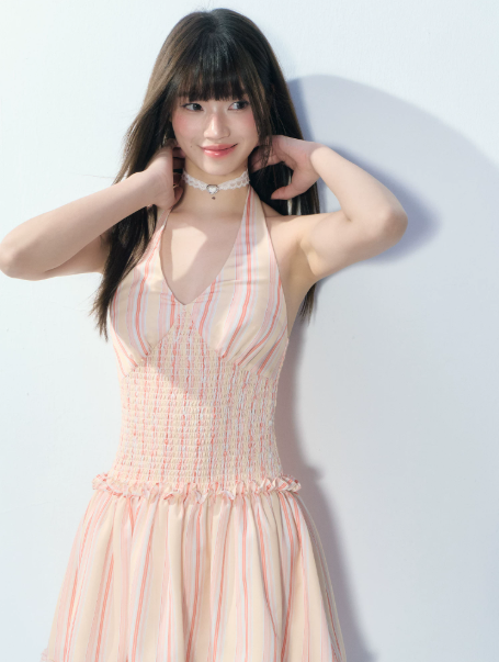 Y2K Style Light Pink Striped Halter Dress High Waist Slim Fit Party Dress R9353