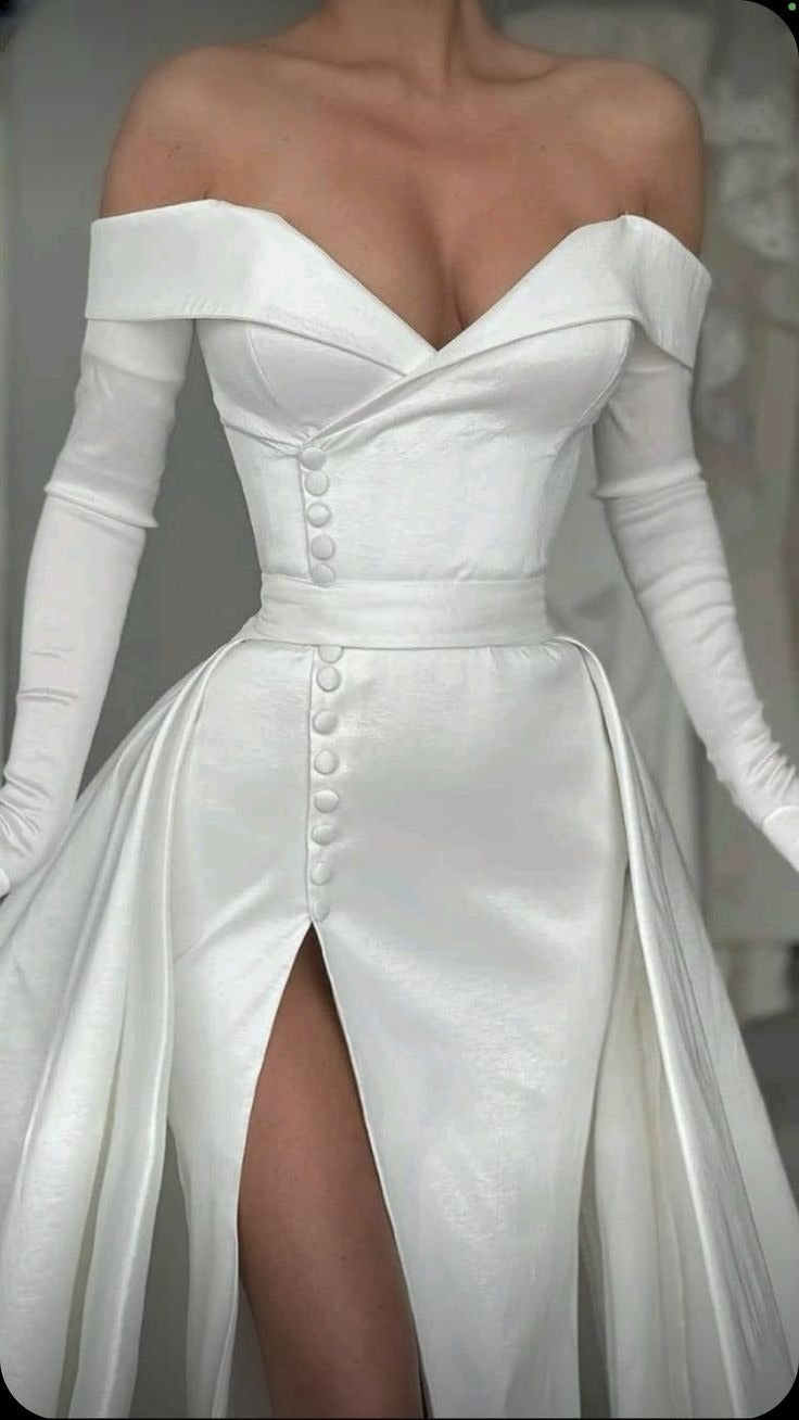 A-Line Evening Gown Elegant Dress Formal Court Train Long Sleeve Off Shoulder Satin with Buttons Pleats Slit dress     S7018