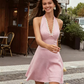 Romantic Pink Checkered Halter Dress with Lace Neckline R9198