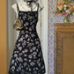 Black vintage floral print backless fitted A-line mini dress, prom dress R6248
