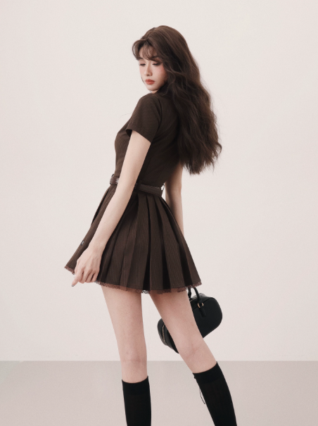 Arrival Preppy Style Brown Striped Shirt Dress with Belt and Pleated Skirt R9373
