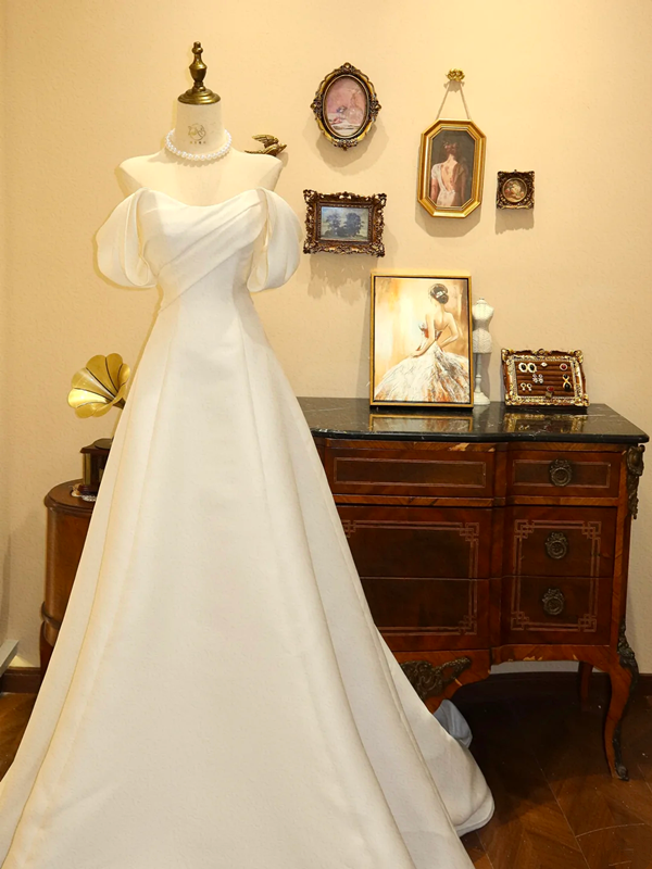 White Off-the-Shoulder Waist-Cinched Slim-Fit A-Line Long Ball Gown, Bridal Gown R7126