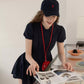 Navy Blue Puff Sleeve Dress with Peter Pan Collar and Elastic Waist R9175