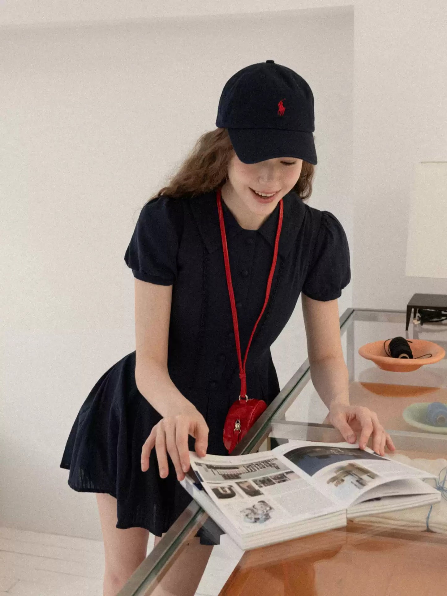 Navy Blue Puff Sleeve Dress with Peter Pan Collar and Elastic Waist R9175
