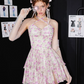 Soft Girl Coquette Halter Neck Purple Rose Pattern Slim Fit Tiered Hem Mini Dress R9314
