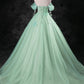 Green A-Line Off Shoulder Tulle Long Prom Dress, Green Long Formal Dress      S5391