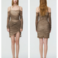 Women's Off-Shoulder Ruched Mesh Mini Dress, 2026 Summer Slim Bodycon Party Dress R9323