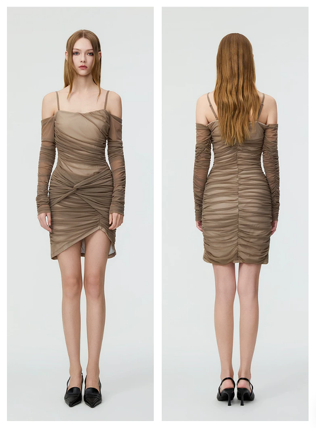 Women's Off-Shoulder Ruched Mesh Mini Dress, 2026 Summer Slim Bodycon Party Dress R9323