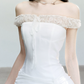 White Off The Shoulder Mini Dress Women With Lace Trim And Ruched Waist R9429