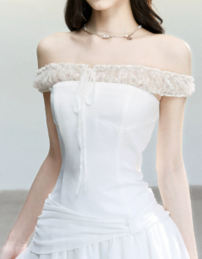 White Off The Shoulder Mini Dress Women With Lace Trim And Ruched Waist R9429