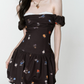 Brown Floral Print Off The Shoulder Mini Dress With Lace Trim And Bubble Skirt R9434