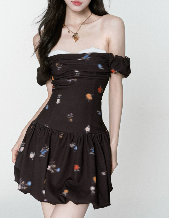 Brown Floral Print Off The Shoulder Mini Dress With Lace Trim And Bubble Skirt R9434