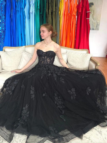 Black A line tulle lace long prom dress, black tulle formal dress      S5348