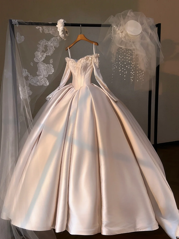 White elegant satin strap one shoulder puffy skirt bridal dress R5694