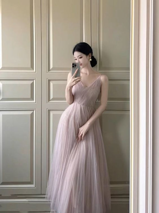 V Neck Light Pink Tulle A Line Prom Dress       S5356