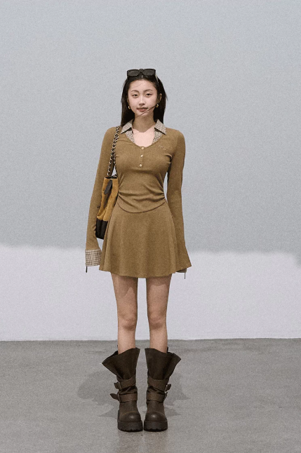 Korean Style Slim Fit Long Sleeve Mini Dress with Plaid Contrast and A-Line Skirt R9368