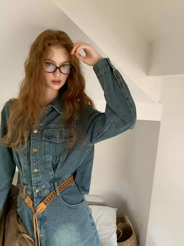 Washed Denim Mini Dress with Open Back and Long Sleeves R9212