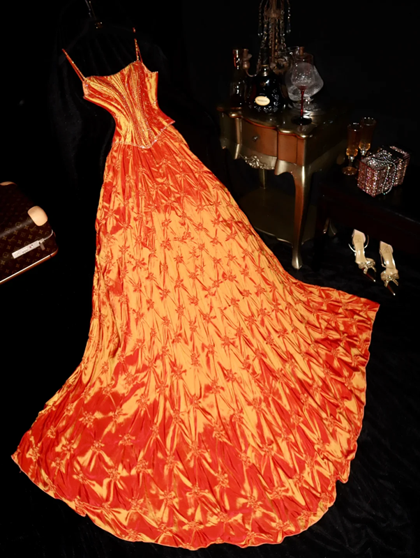 Orange halter-neck fitted long ball gown R7006