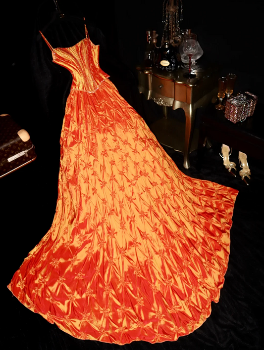 Orange halter-neck fitted long ball gown R7006