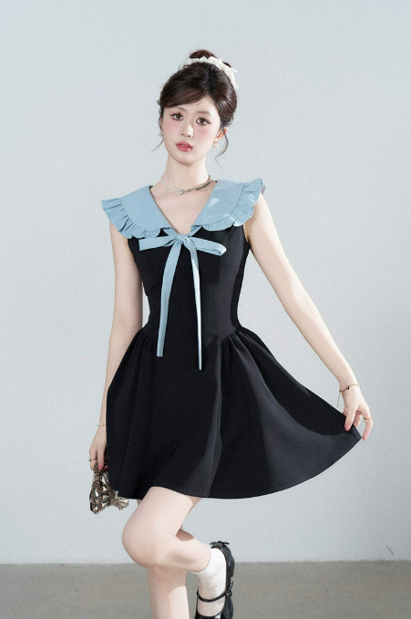 Black & Blue Dress, Women's Sleeveless Ruffle Collar with Bow A-Line Mini Dress R9340