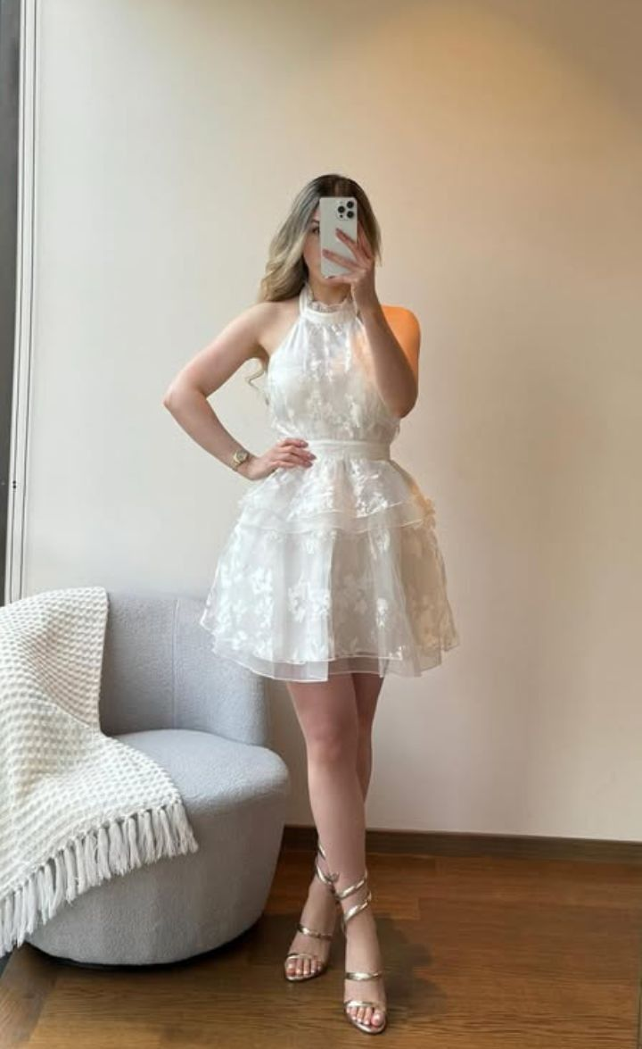 White sleeveless waist A-line short skirt homecoming dress R5536