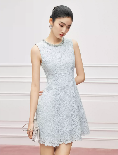 Light Blue Lace Sleeveless Dress with Rhinestone Neckline R9205