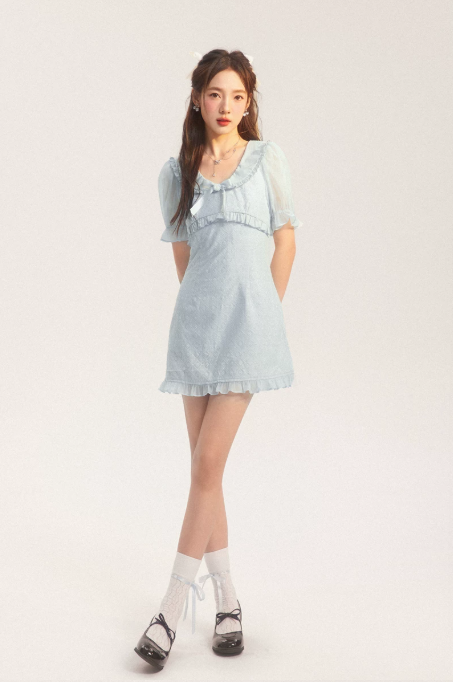 Fairycore Light Blue Lace Embroidery Dress With Puff Sleeves And Ruffle Hem R9303