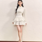 White High Neck Tiered Dress Women With Long Sleeves And Waist Cinched Design R9397
