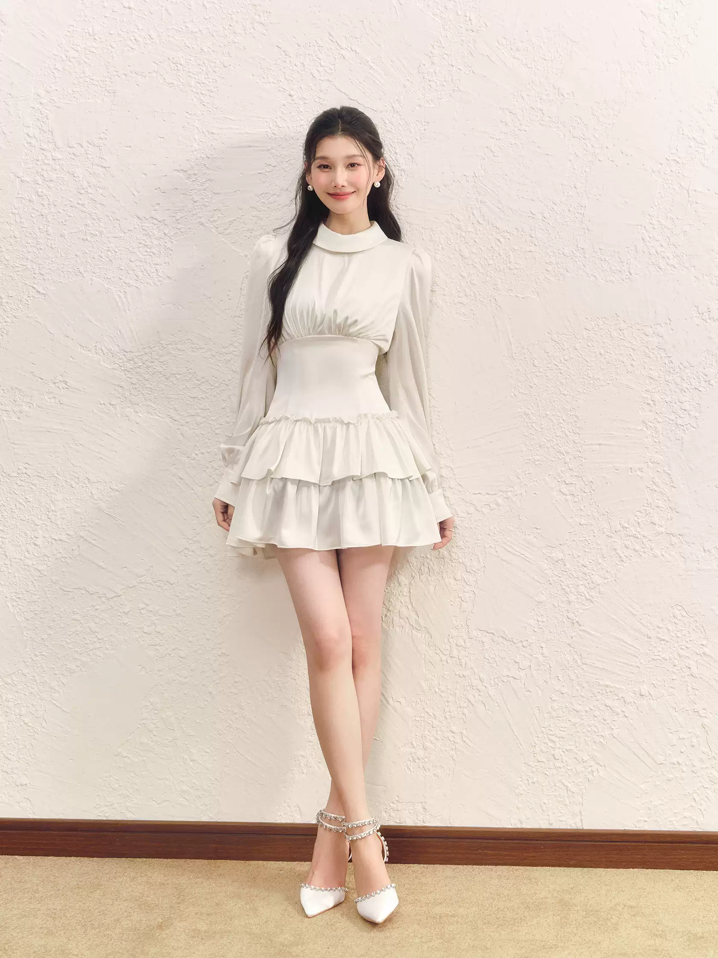 White High Neck Tiered Dress Women With Long Sleeves And Waist Cinched Design R9397
