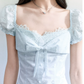 Light Blue Eyelet Embroidery Mini Dress Women With Lace Trim And Bow Detail R9405
