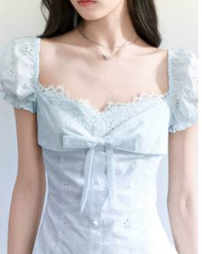 Light Blue Eyelet Embroidery Mini Dress Women With Lace Trim And Bow Detail R9405
