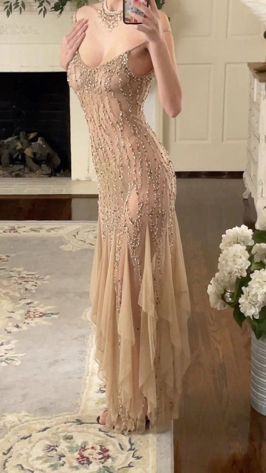 Sheath Champagne Long Formal Gowns, Prom Evening Dresses        S7129